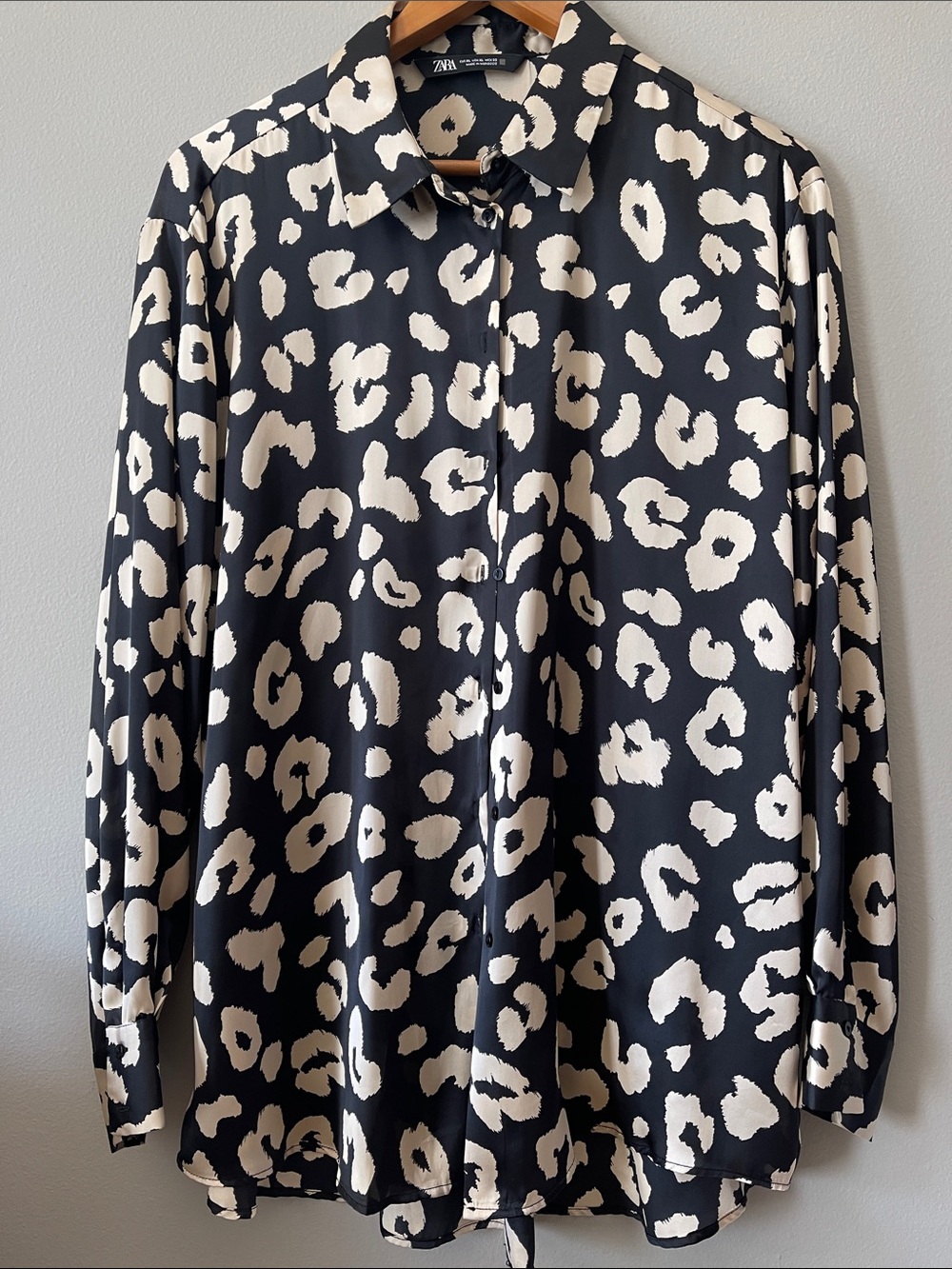 Zara Black and Cream Leopard-Print Button-Down Blouse
